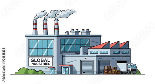 Modern industrial factory building with smoke stacks and a truck for transport.