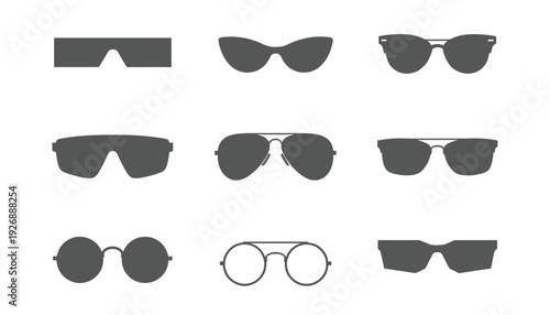 Sunglasses silhouette vector icon set with various eyewear frames and fashion sun glasses shapes for minimalist design