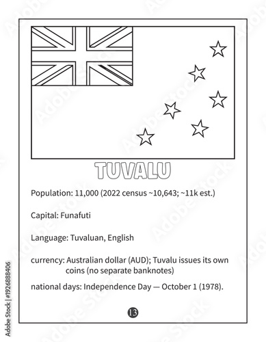 Tuvalu National Flag and Country Information Facts Coloring Page for Kids