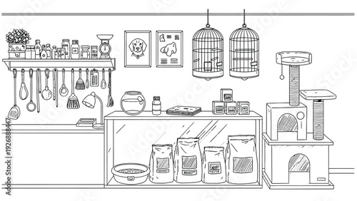 Pet store interior illustration with shelves of pet supplies, birdcages, and a cat tree. Bags of pet food, kitchen tools, and pet-related wall art evoke a cozy vibe.