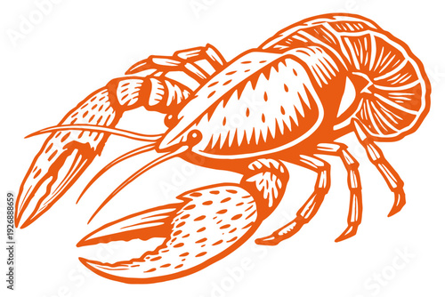 A vibrant orange crayfish illustration in a modern flat design style