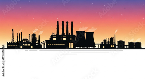 Silhouette of an industrial factory against a colorful sunset sky, representing industry and energy.