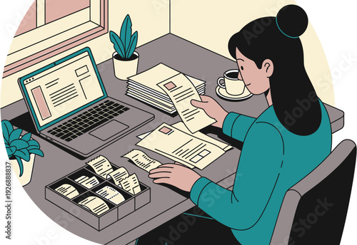 Focused Woman Organizing Personal Finances and Documents at Home Office Desk with Laptop and Coffee, Managing Bills and Receipts for Budgeting and Future Planning