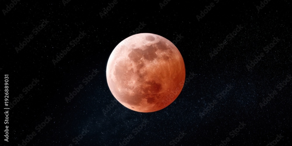Naklejka premium Full moon during blood eclipse against deep starfield background