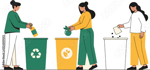 Illustration of three women sorting waste into recycling bins, promoting environmental awareness and sustainable practices for a greener planet