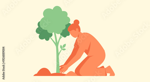 Illustration of a person planting a young tree, embodying environmental care, sustainable growth, and dedication to a greener future