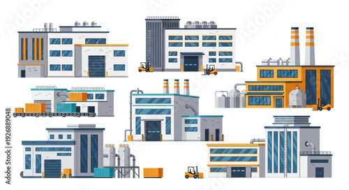 Industrial buildings and factories in a modern urban environment, vector illustration.