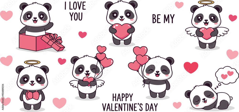 Obraz premium Cute Panda Valentine Cartoon Set with Hearts, Balloons, Gift Box and Love Messages for Romantic Stickers, Greeting Cards, Kids Design and Holiday Illustration