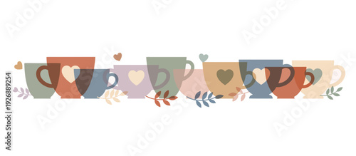 Coffee and tea cup border with hearts. Pastel vector divider for Valentine's Day. Flat design illustration