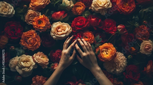 Moody Floral Still Life: Hands Amongst Red, Orange, and Cream Roses on Dark Backdrop