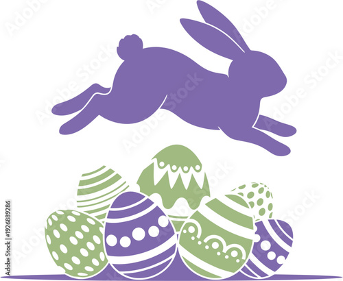 Jumping Easter bunny with a colorful stack of decorated eggs, perfect for spring holiday celebrations and seasonal designs, capturing the joy of the festive season