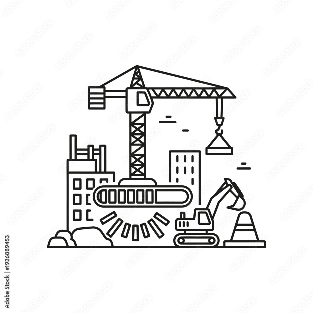 Naklejka premium Construction site equipment vector illustration with crane, truck, and bulldozer in black and white line art