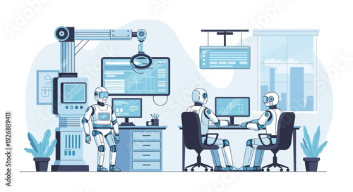 Robots Working in a Modern Office and Factory Setting.