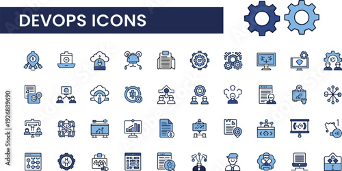 DevOps Icons Set Featuring Cloud Computing, Automation, Continuous Integration, Software Development, Data Monitoring and IT Infrastructure Technology Line Vector Collection