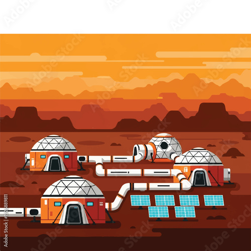 Martian Colony with Geodesic Domes and Solar Panels Under an Orange Sky with Layered Mountains and Arid Landscape