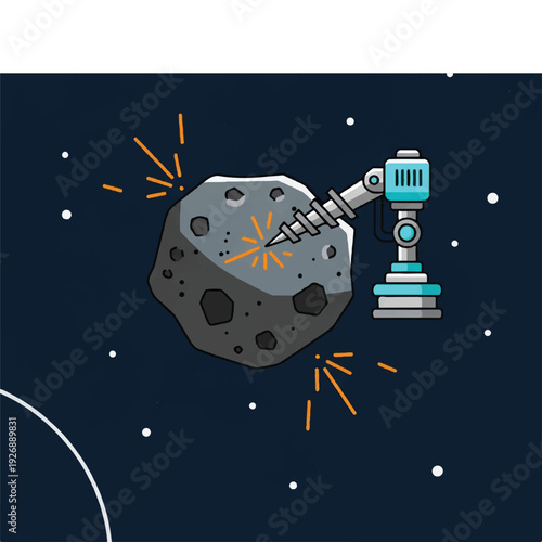Robotic Drill Extracting Resources from an Asteroid in Deep Space Surrounded by Stars and a Distant Planetary Curve