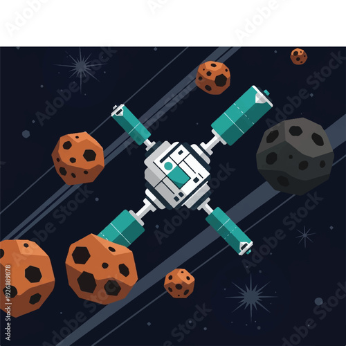 Futuristic Space Station Orbiting Asteroids and Distant Star Systems with Glowing Nebulae and Cosmic Dust in Deep Space Exploration Scenes