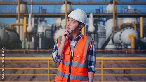 Asian Male Engineer With Safety Helmet Thinking About Something And Looking Around While Standing at Energy Plant with Pipelines