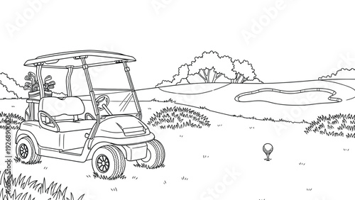 A golf cart parked on a grassy golf course next to a tee with a golf ball. Trees and a sand bunker are visible in the background. Calm, sunny day.