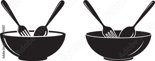 Two bowls with fork and spoon silhouette icon