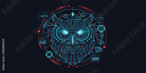 Futuristic Cyber Owl Technology Illustration with Neon Circuit Lines, Artificial Intelligence Concept and Digital Innovation Theme for Tech Logo and Gaming Design
