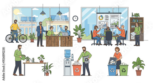 People working in a modern eco-friendly office environment.