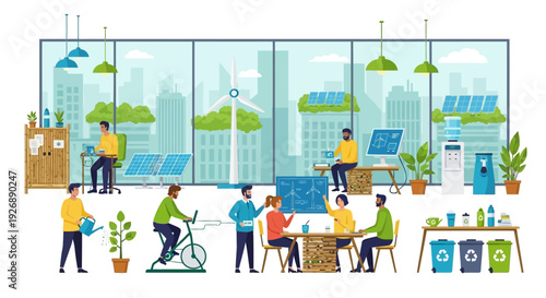 People working in a modern eco-friendly office environment.