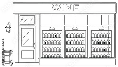 Line drawing of a wine shop front with a sign reading "WINE." Large windows display shelves filled with wine bottles. A wine barrel sits outside, evoking a classic feel.