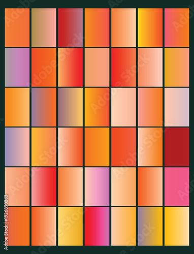 abstract vector graphic illustration featuring a vibrant grid pattern of diverse color gradients, showcasing a rich palette of warm orange, red, yellow, and pink hues