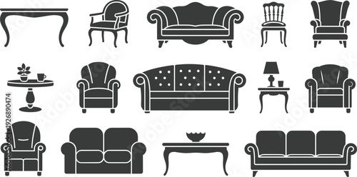 Black and white line of various vintage furniture pieces including tables, chairs, sofas, and side tables