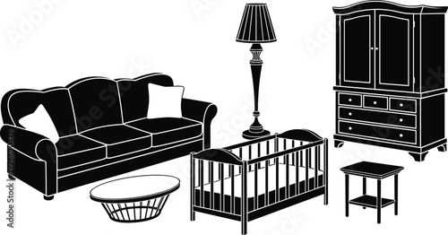 Black and white line of a living room with a sofa, crib, wardrobe, lamp, and side table line living room