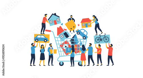 Consumerism & Asset Acquisition: People Buying Houses, Cars, & Lifestyle Goods in a Giant Shopping Cart