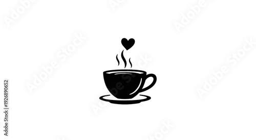 Black coffee cup with heart shaped steam on white background.
