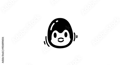 Simple black and white illustration of a cartoon character with a round head and smiling face.