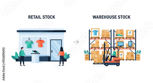 Retail vs. Warehouse Stock Comparison with Inventory Management Concept Illustration