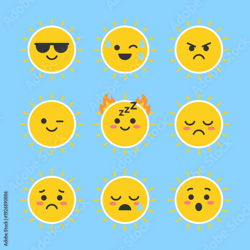 Yellow Sun Character Emoji Set with Different Facial Expressions Sunglasses Winking Sleeping Crying and Angry for Weather and Mood Concept Design