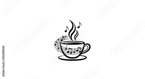 Simple black and white illustration of a steaming cup of coffee with musical notes.