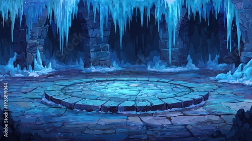 Pixel Art Stone Room Interior with Blue Ice Icicles Overhead in Dungeon Setting