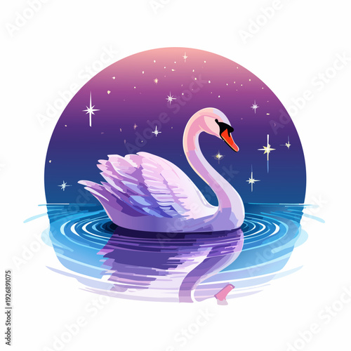 Elegant white swan gracefully glides on serene waters under an enchanting starlit evening sky