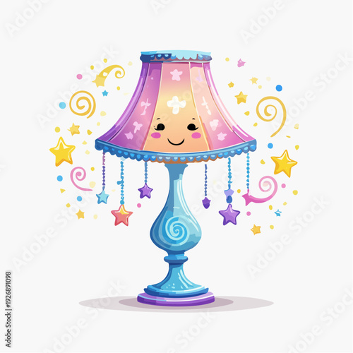 Whimsical cartoon illustration of a smiling bedside lamp adorned with twinkling stars and magical swirls, perfect for children's room decor
