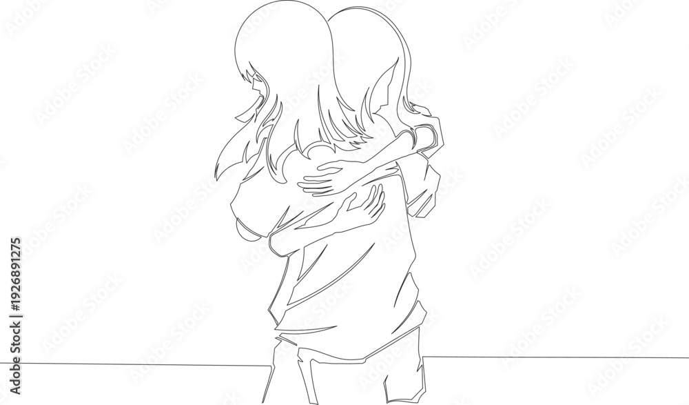 Obraz premium Continuous One Line Drawing of Two Women Hugging Each Other eps10