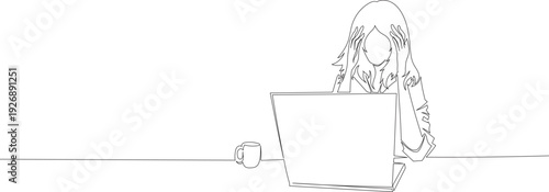 Continuous One Line Drawing of a Stressed Woman Working on Laptop eps10