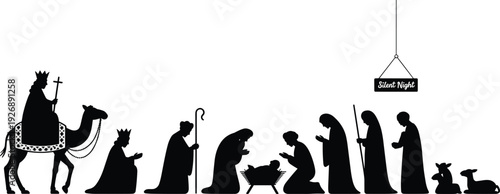 Black silhouette nativity scene with camel and hanging silent night sign white