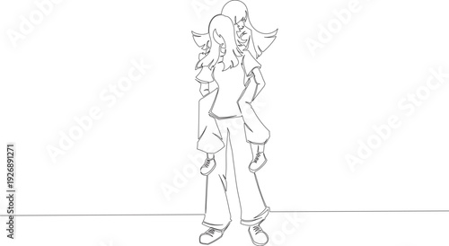 Continuous One Line Drawing of Two Female Friends in Piggyback Pose eps10
