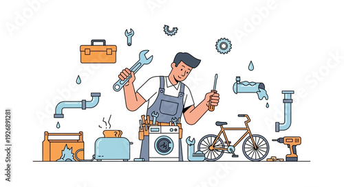 Skilled plumber with tools and appliances illustration.