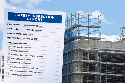 SAFETY INSPECTION REPORT AT CONSTRUCTION SITE WITH SCAFFOLDING AND BUILDING - Construction safety inspection report document with checklist on active building site, scaffolding structure