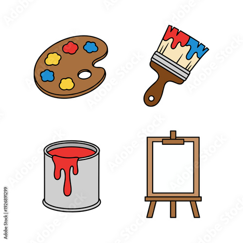 Essential art studio equipment set including a wooden paint palette paint brush a can of red oil paint and a blank wooden artist easel stand