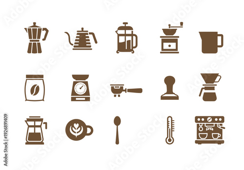 Professional Coffee Brewing Equipment Icons Set Including Moka Pot French Press Grinder Portafilter and Barista Tools for Cafe Shop