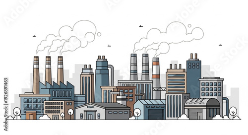Industrial cityscape illustration depicting factories and pollution with smoke emissions.