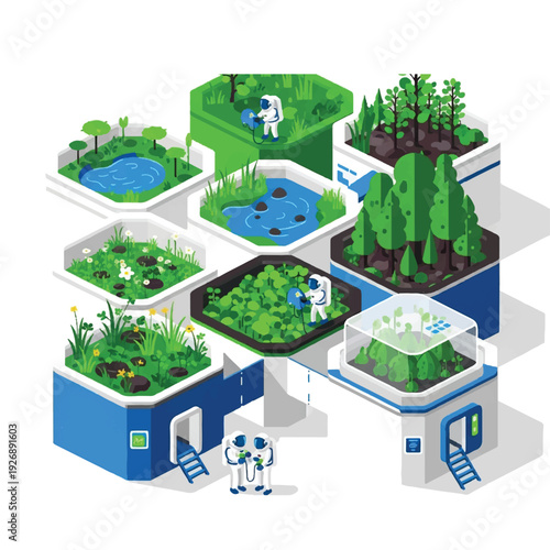 Futuristic Astronauts Tending to Diverse Biomes in Hexagonal Space Modules Cultivating Lush Vegetation and Aquatic Life Under Controlled Conditions